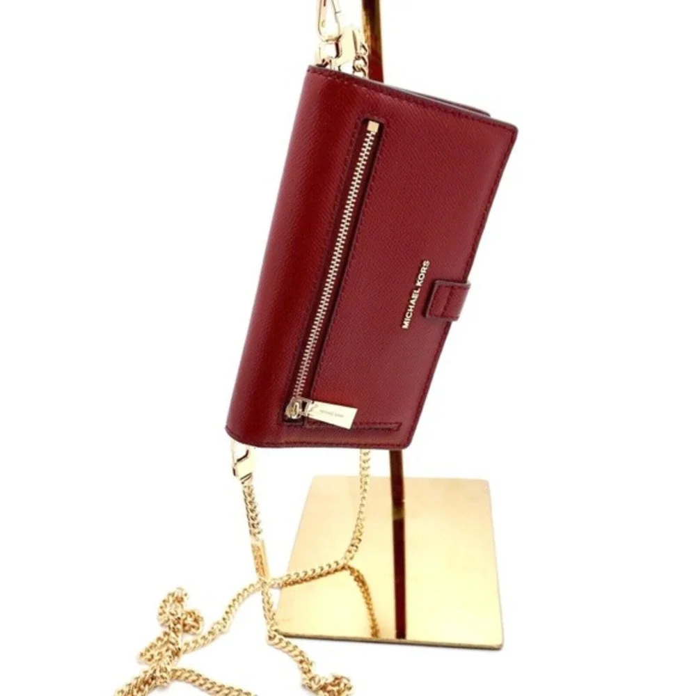 Michael Kors Jet Set Travel‎ Saffiano Leather Crossbody Wallet Red Gold 37-08